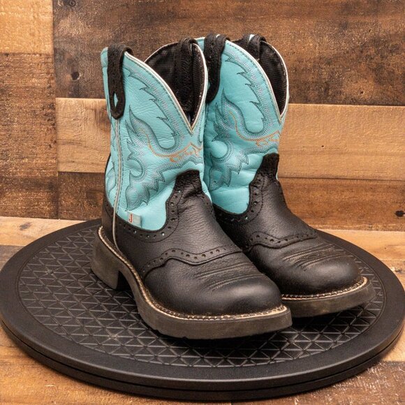 JUSTIN GYPSY WOMENS COWGIRL BOOTS BLACK TEAL LEATHER FARM RANCH COWBOY SIZE 7B - Picture 3 of 9